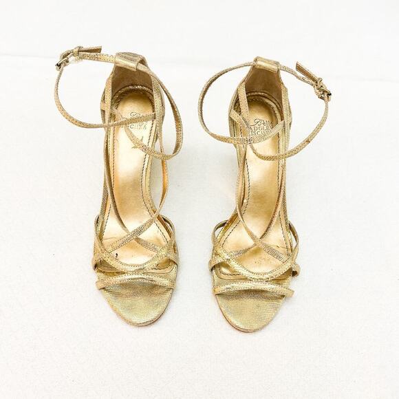 Badgley Mischka Belle Gold Metallic Cross Strap Wedge Open Toe Sandal Size 6 - Picture 1 of 4